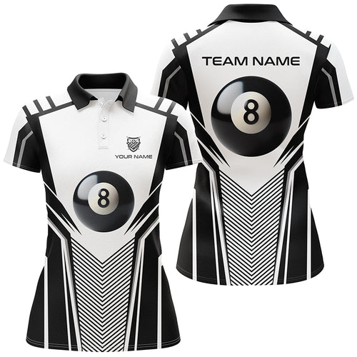 Personalized White Black 8 Ball Billiard 3D Polo Shirts For Women, Custom Pool Billiard Balls Jerseys VHM1036
