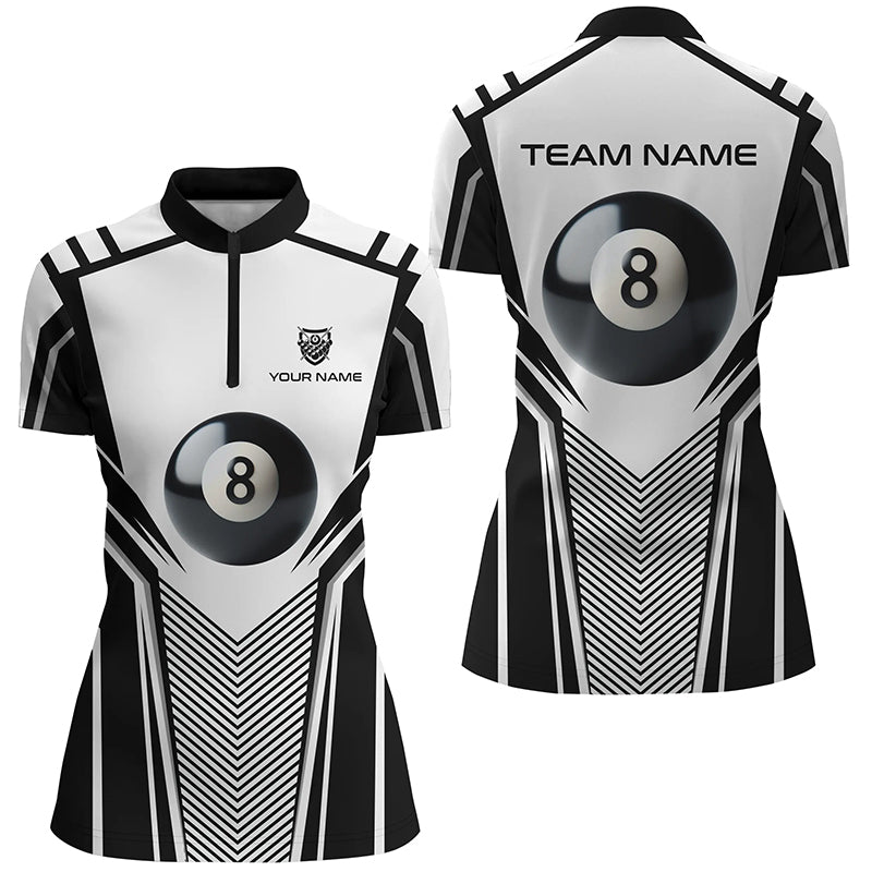 Personalized White Black 8 Ball Billiard 3D Quarter-Zip Shirts For Women, Pool Billiard Balls Jerseys VHM1036