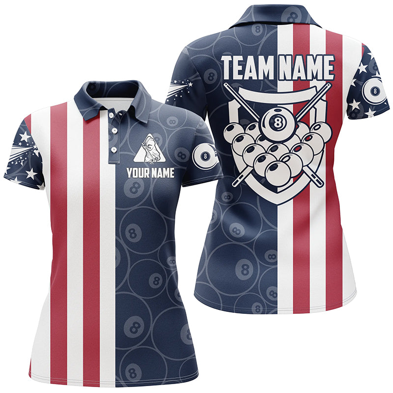Personalized US Flag 8 Ball Pattern Billiard 3D Polo Shirts For Women, Custom Player Billiard Shirts VHM0464