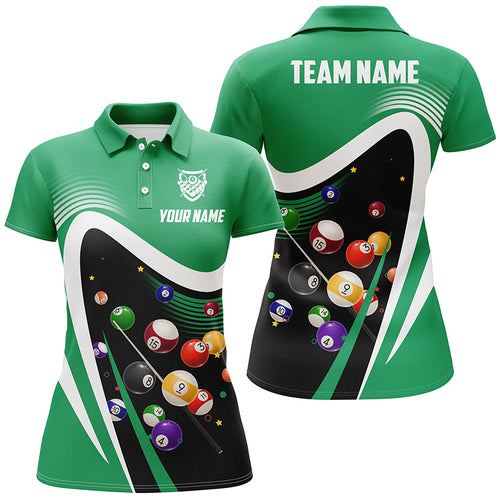Personalized Green Sport Billiard Balls 3D Polo Shirts For Women, Custom 8 Ball Billiard Team Jerseys VHM1045