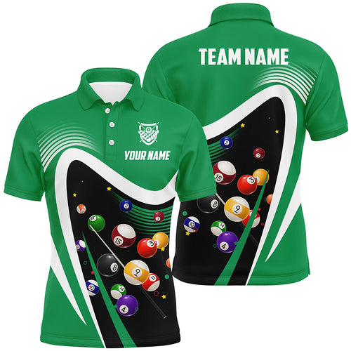 Personalized Green Sport Billiard Balls 3D Polo Shirts For Men, Custom 8 Ball Billiard Team Jerseys VHM1045