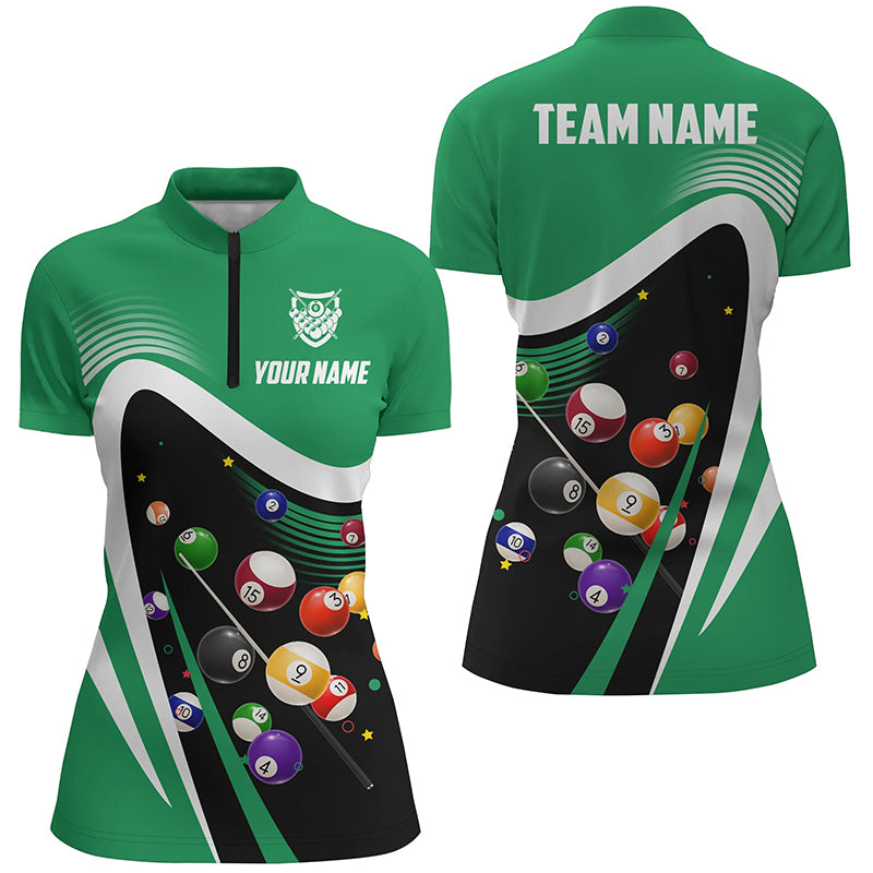 Personalized Green Sport Billiard Balls 3D Quarter-Zip Shirts For Women, 8 Ball Billiard Team Jerseys VHM1045