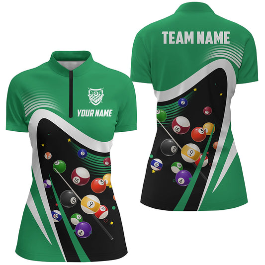 Personalized Green Sport Billiard Balls 3D Quarter-Zip Shirts For Women, 8 Ball Billiard Team Jerseys VHM1045