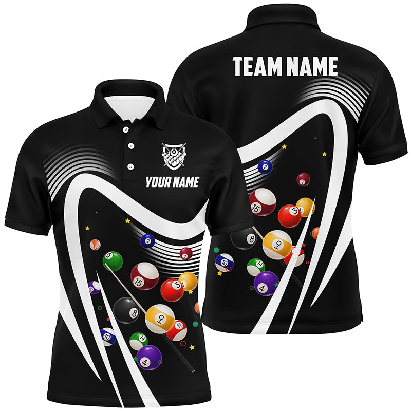 Personalized Black Sport Billiard Balls 3D Polo Shirts For Men, Custom 8 Ball Billiard Team Jerseys VHM1046