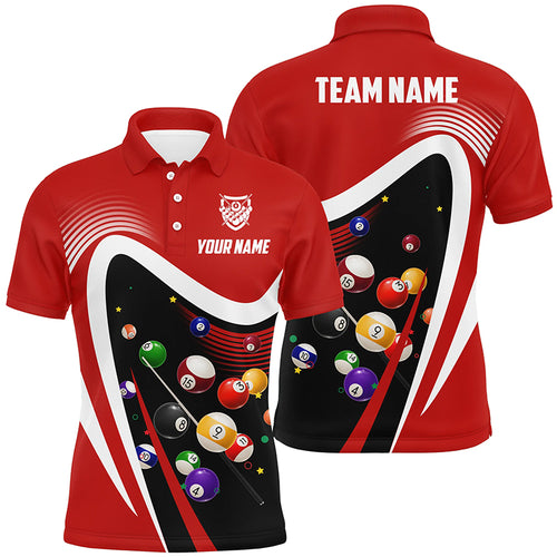Personalized Red Sport Billiard Balls 3D Polo Shirts For Men, Custom 8 Ball Billiard Team Jerseys VHM1047