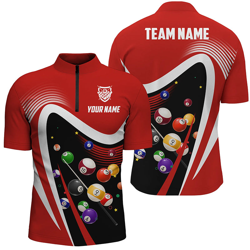 Personalized Red Sport Billiard Balls 3D Quarter-Zip Shirts For Men, 8 Ball Billiard Team Jerseys VHM1047