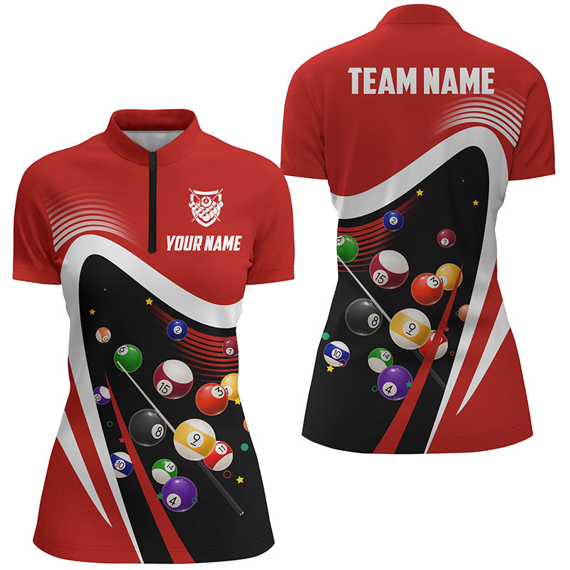 Personalized Red Sport Billiard Balls 3D Quarter-Zip Shirts For Women, 8 Ball Billiard Team Jerseys VHM1047