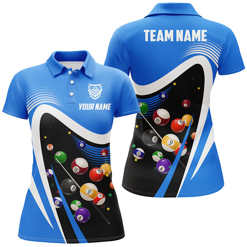 Personalized Blue Sport Billiard Balls 3D Polo Shirts For Women, Custom 8 Ball Billiard Team Jerseys VHM1048