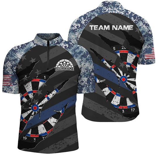 Personalized Retro Camo Blue Dart 3D Quarter-Zip Shirts For Men, American Flag Mens Dart Jerseys VHM1105