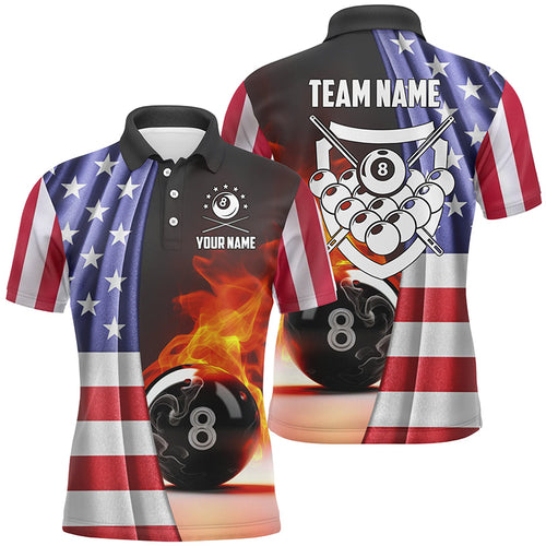 Personalized Fire 8 Ball Pool Billiard 3D Polo Shirts For Men, Custom US Flag Billiards Jerseys VHM0232