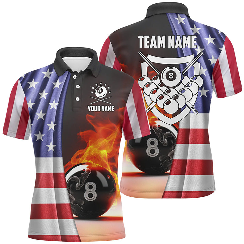 Personalized Fire 8 Ball Pool Billiard 3D Polo Shirts For Men, Custom US Flag Billiards Jerseys VHM0232