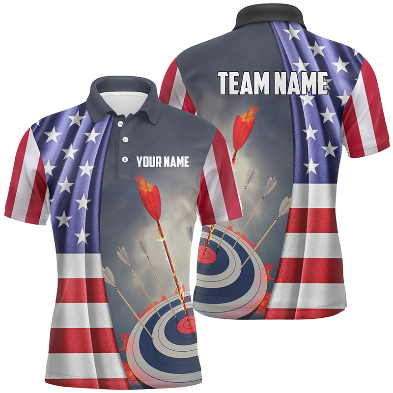 Personalized US Flag Patriotic Archery Polo Shirts For Men, Flaming Arrow 3D Target Archery Shirts VHM0690