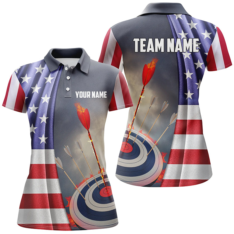 Personalized US Flag Patriotic Archery Polo Shirts For Women, Flaming Arrow 3D Target Archery Shirts VHM0690