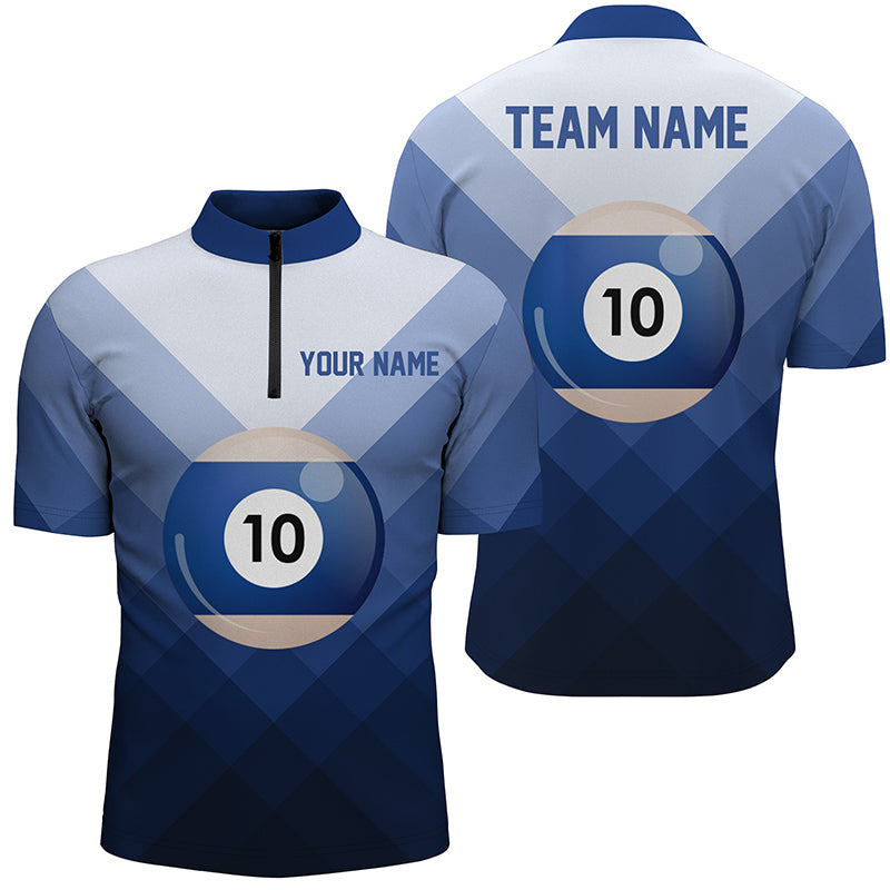 Personalized Blue 10 Ball Billiard 3D Quarter-Zip Shirts For Men, 10 Ball Pool Billiards Jerseys VHM0960
