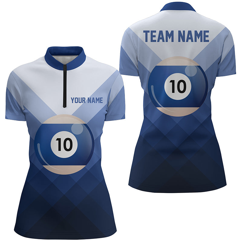 Personalized Blue 10 Ball Billiard 3D Quarter-Zip Shirts For Women, 10 Ball Pool Billiards Jerseys VHM0960