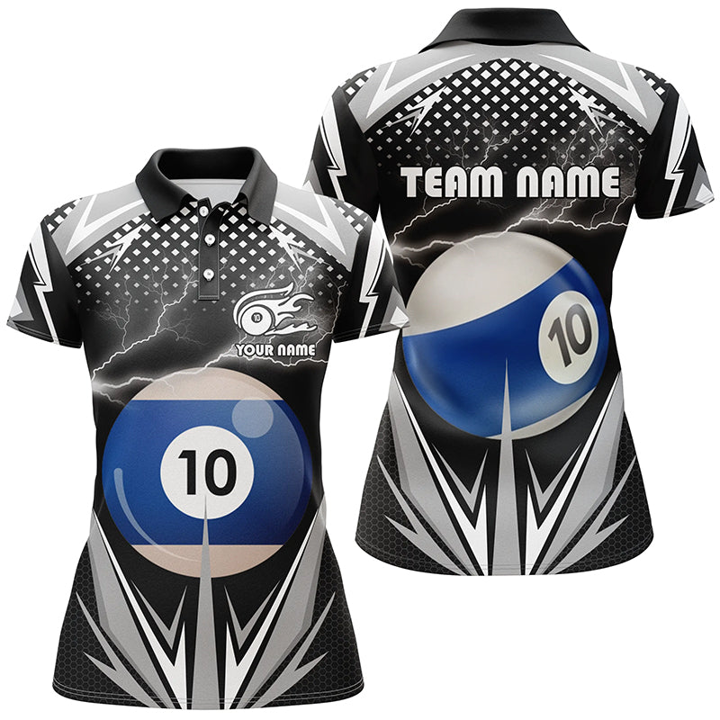 Personalized Thunder Black 10 Ball Billiard 3D Polo Shirts For Women, 10 Ball Billiard Team Jerseys VHM0966