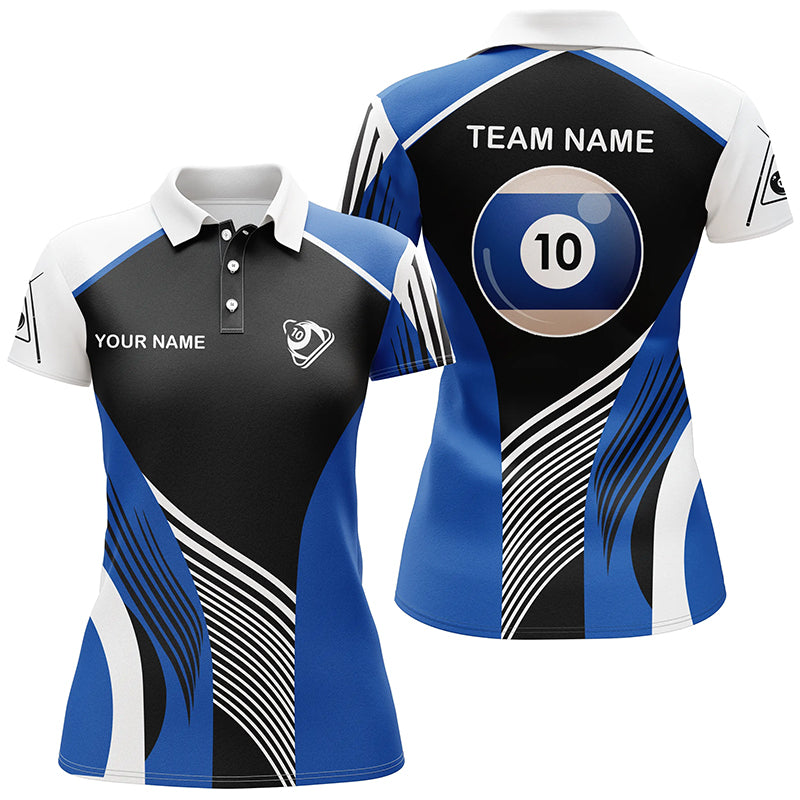 Personalized Blue 10 Ball Billiard 3D Polo Shirts For Women, Custom 10 Ball Billiards Team Jerseys VHM0970