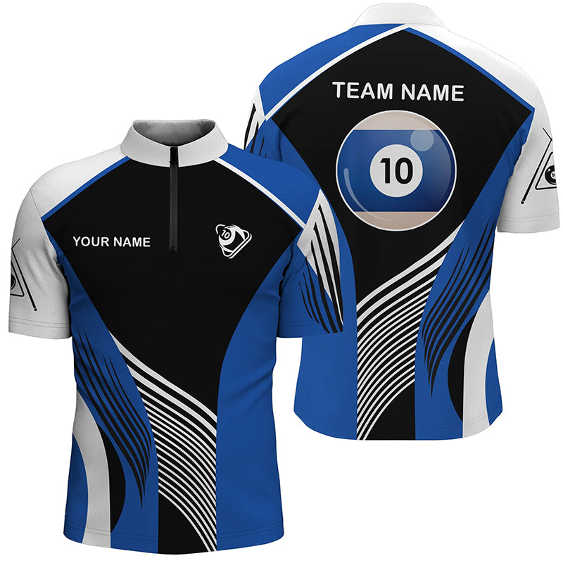 Personalized Blue 10 Ball Billiard 3D Quarter-Zip Shirts For Men, 10 Ball Billiards Team Jerseys VHM0970