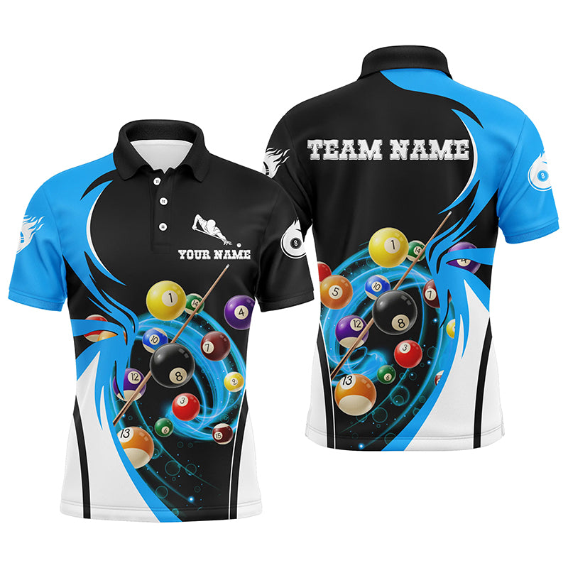 Personalized 8 Ball Flame Billiard Player Blue 3D Polo Shirts For Men, Custom Billiards Jerseys VHM0301