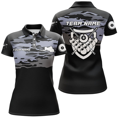 Personalized Silver Lighting 8 Ball Black Billiard Polo Shirts For Women, Custom Billiards Jerseys  VHM0525