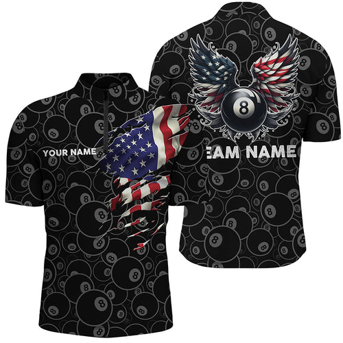Personalized US Flag 8 Ball Billiard 3D Quarter-Zip Shirts For Men, Funny 8 Ball Pool Wings Jerseys VHM1000