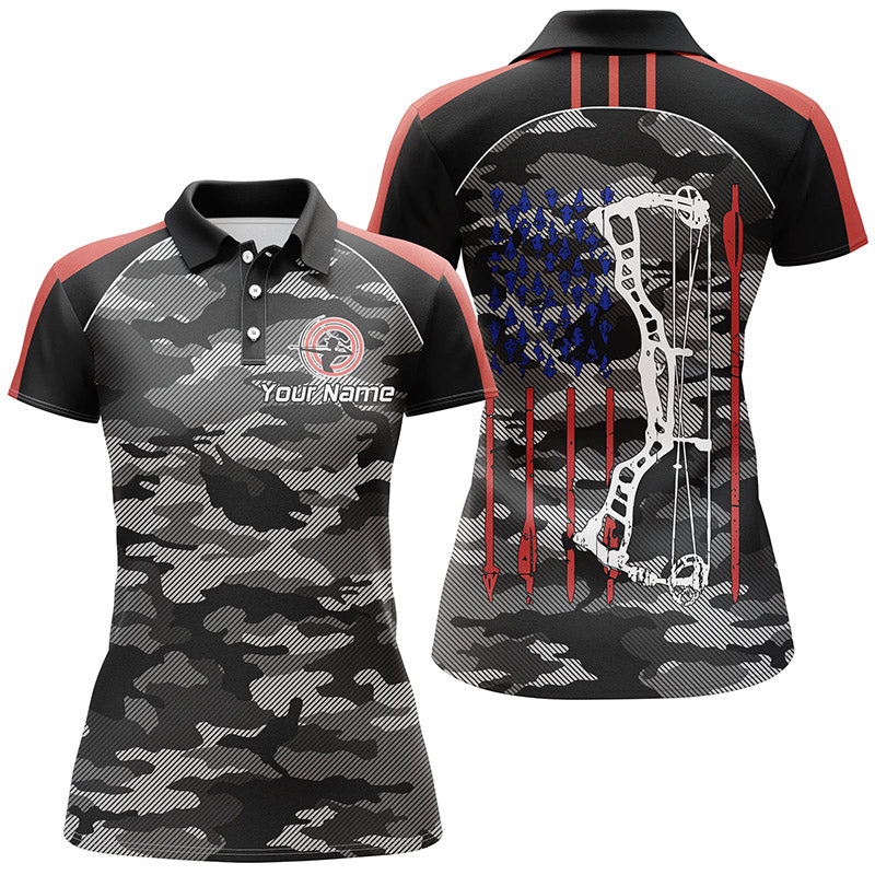Personalized Camouflage US Flag Archery Polo Shirts For Women, Grunge American Arrow Archery Jerseys VHM0735