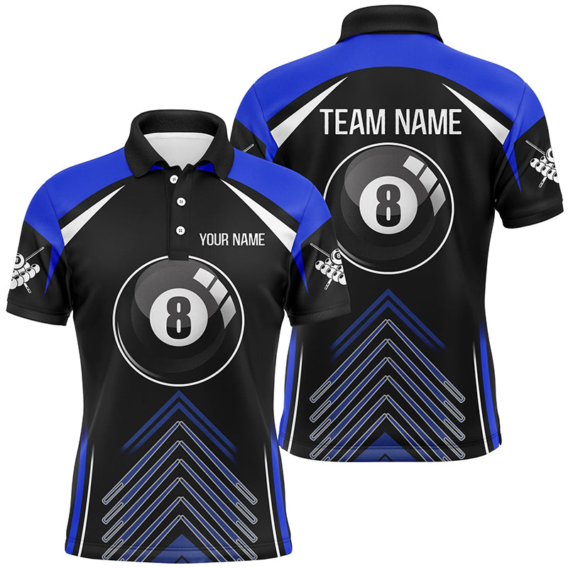 Personalized Blue Black Billiard 8 Ball Pool 3D Polo Shirts For Men, Custom Name Billiard Jerseys VHM0125