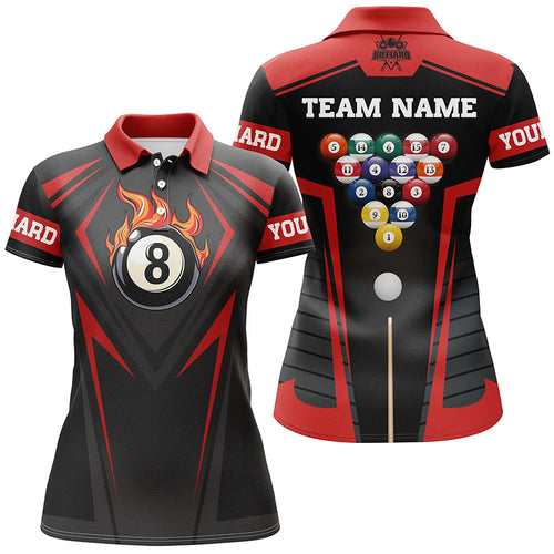 Personalized Style Red Fire 8 Ball Billiard 3D Polo Shirts For Women, Custom Pool Balls Team Jerseys VHM1067