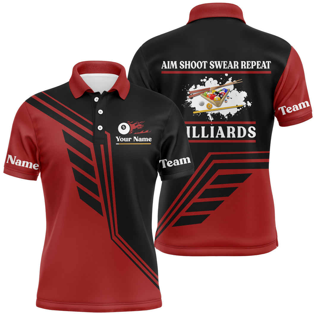 Personalized Aim Shoot Swear Repeat Billiard Polo Shirts For Men, Custom Red Black Billiard Jerseys VHM0137