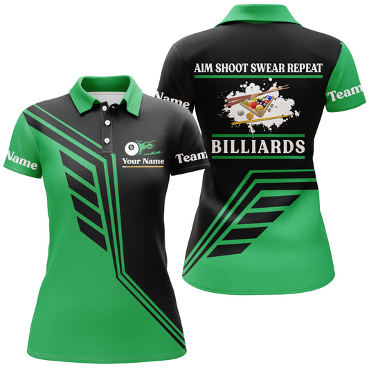 Personalized Aim Shoot Swear Repeat Billiard Polo Shirts For Women, Green Black Billiard Jerseys VHM0139