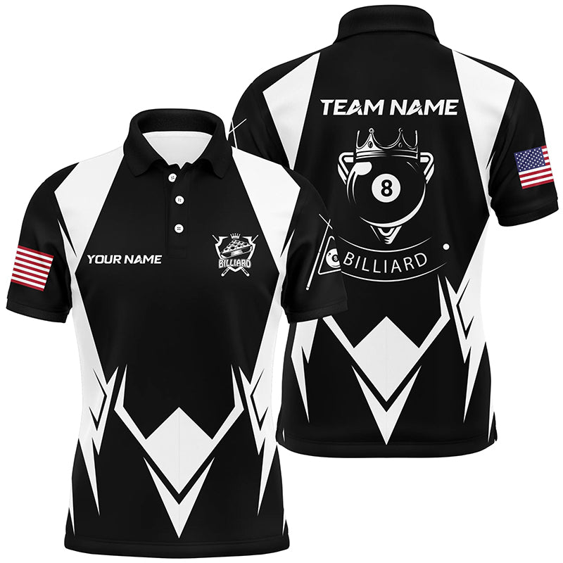 Personalized US Flag 8 Ball Pool Black White Billiard Polo Shirts For Men, Custom Billiard Jerseys VHM0582