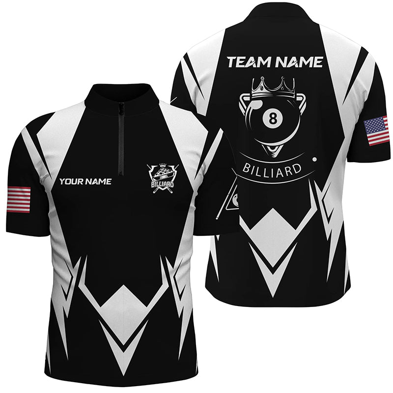 Personalized US Flag 8 Ball Pool Black White Billiard Quarter-Zip Shirts For Men, Billiard Jerseys VHM0582
