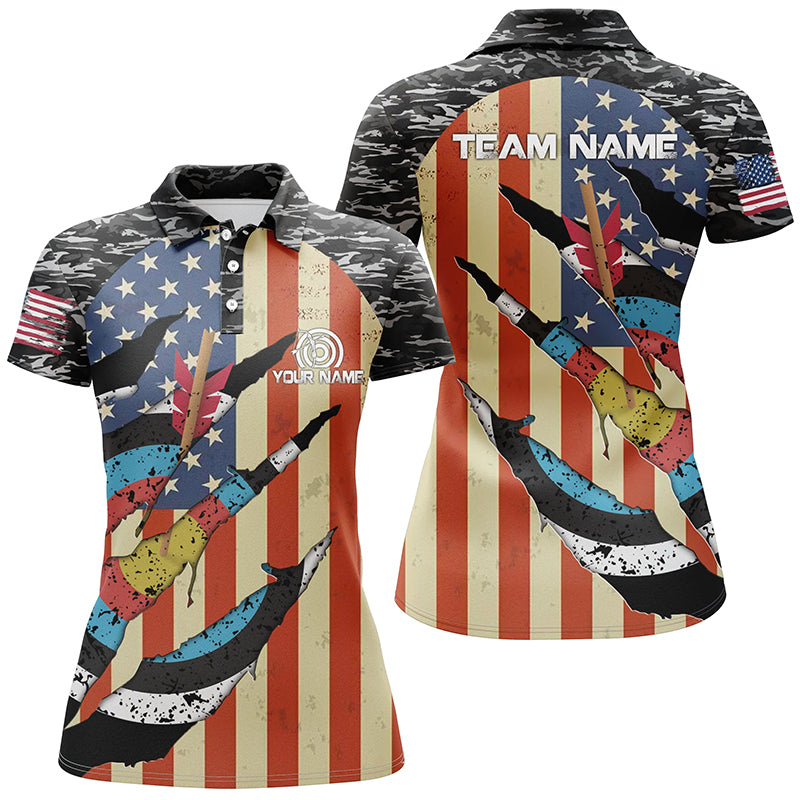 Personalized Retro Camo Target Archery 3D Polo Shirts For Women, Custom US Flag Archery Jerseys VHM0594