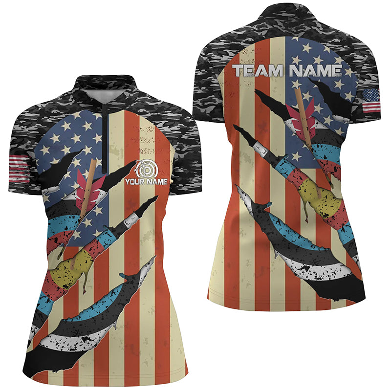 Personalized Retro Camo Target Archery 3D Quarter-Zip Shirts For Women Custom US Flag Archery Jerseys VHM0594