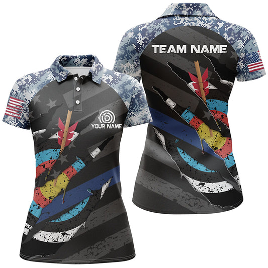 Personalized Retro Camo Target Archery 3D Polo Shirts For Women, Custom US Flag Archery Jerseys VHM0595