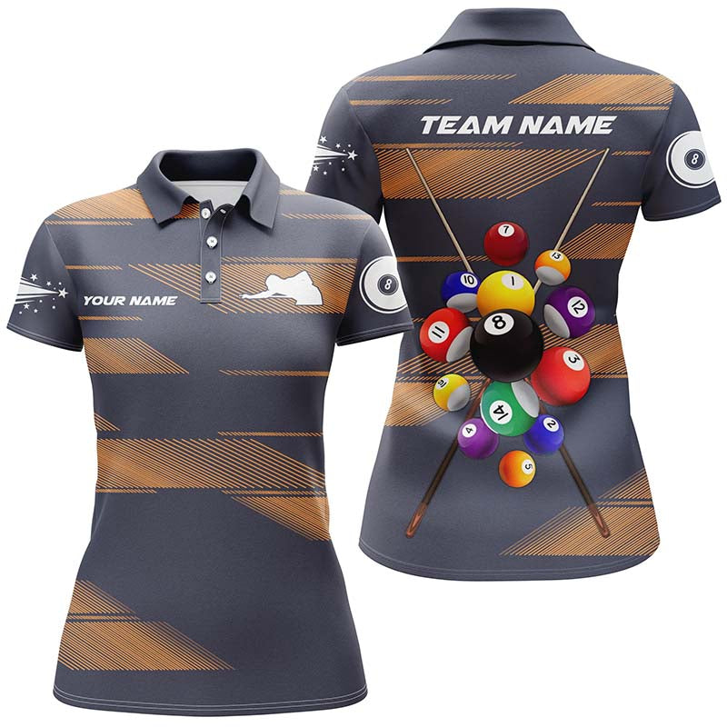 Personalized Billiard Balls 3D Polo Shirts For Women, Custom Name 8 Ball Pool Billiards Jerseys VHM0390