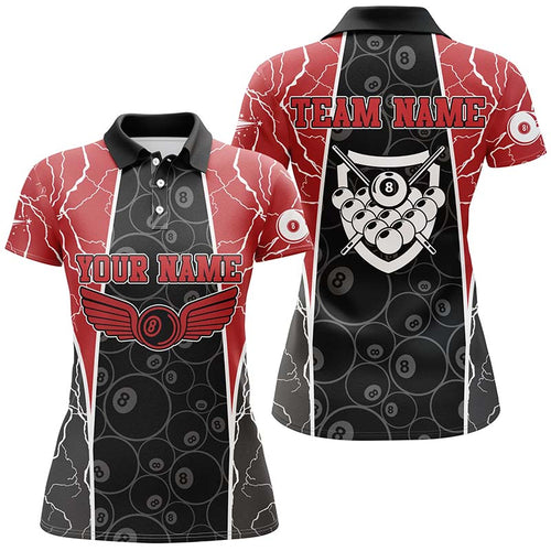 Personalized Red Lighting 8 Ball Billiard 3D Polo Shirts For Women, Custom Pool Billiards Jerseys VHM0398