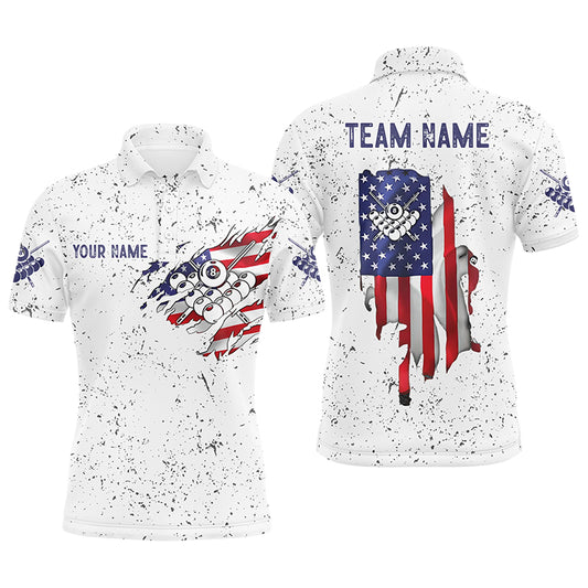 Personalized US Flag 8 Ball Billiard White Grunge 3D Polo Shirts For Men, Custom Billiards Jerseys VHM0406