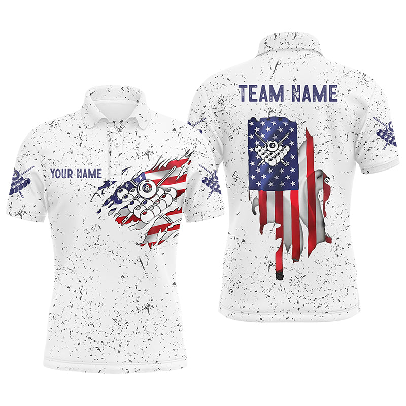 Personalized US Flag 8 Ball Billiard White Grunge 3D Polo Shirts For Men, Custom Billiards Jerseys VHM0406