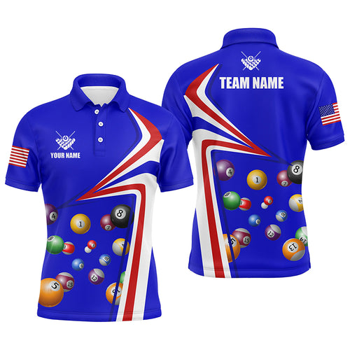 Personalized US Flag Billiard Balls Blue 3D Polo Shirts For Men, Custom 8 Ball Pool Jerseys VHM0407
