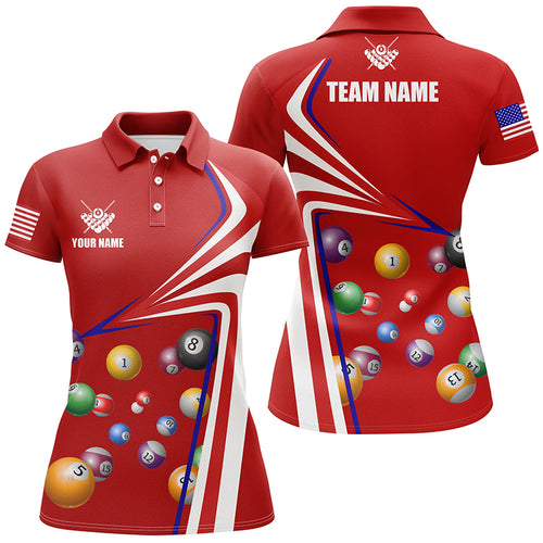 Personalized US Flag Billiard Balls Red 3D Polo Shirts For Women, Custom 8 Ball Pool Jerseys VHM0410