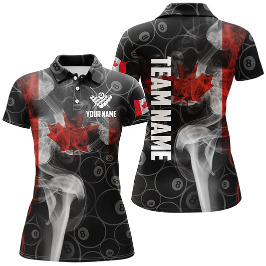 Personalized Vintage Smoke Canadian Flag Billiard Polo Shirts For Women, Custom 8 Ball Pool Jerseys VHM0415