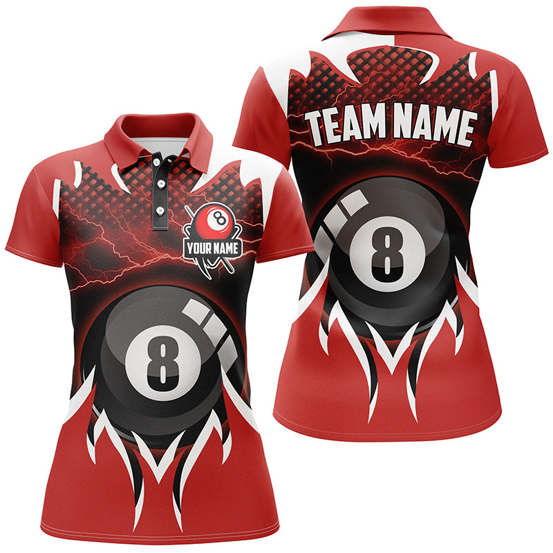 Personalized 8 Ball Pool Thunder Lighting Red 3D Polo Shirts For Women, Custom Billiards Jerseys VHM0423