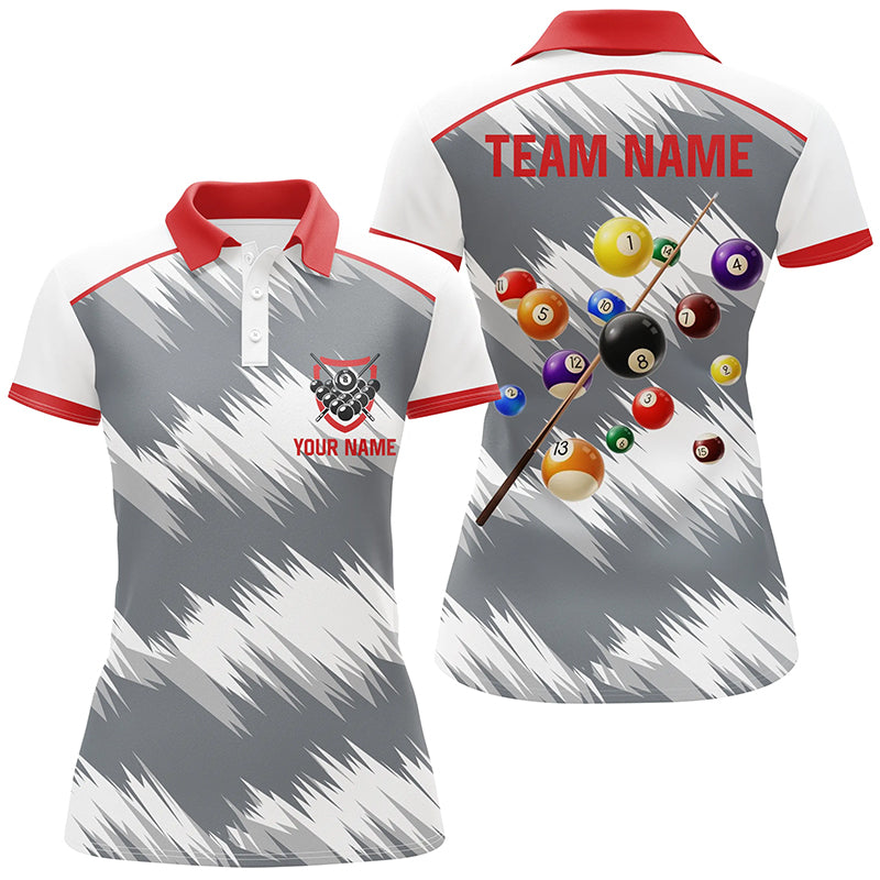 Personalized Red Grey Billiard Balls 3D Polo Shirts For Women, Custom 8 Ball Billiard Team Jerseys VHM1016