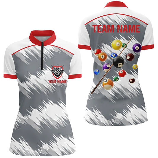 Personalized Red Grey Billiard Balls 3D Quarter-Zip Shirts For Women, 8 Ball Billiard Team Jerseys VHM1016