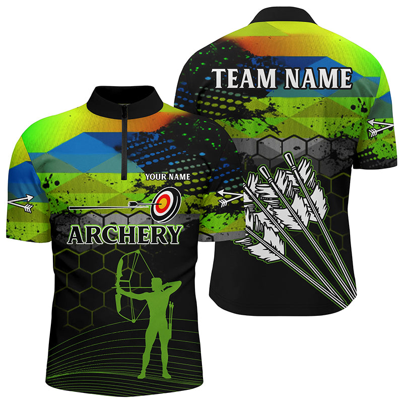 Personalized Green Colors 3D Arrows Archery Quarter-Zip Shirts For Men, Silhouette Archer Shirts VHM0649