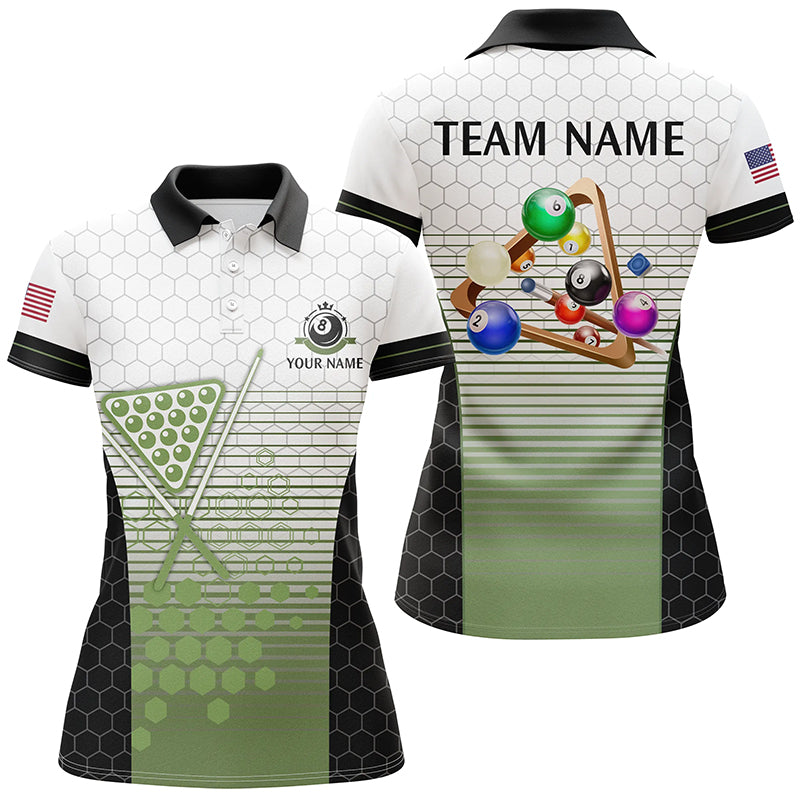 Personalized 8 Ball Pool US Flag Billiard Green Polo Shirts For Women, Custom Billiard Balls Jerseys VHM0207