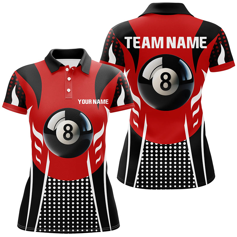 Personalized Red Black 8 Ball Billiard 3D Polo Shirts For Women, Custom Billiards 8 Ball Pool Jerseys VHM1037