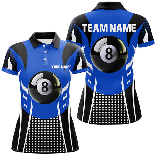 Personalized Blue Black 8 Ball Billiard 3D Polo Shirts For Women, Custom Billiard 8 Ball Pool Jerseys VHM1038