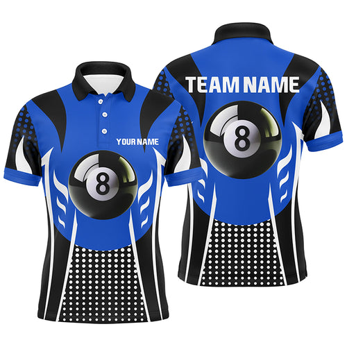 Personalized Blue Black 8 Ball Billiard 3D Polo Shirts For Men, Custom Billiard 8 Ball Pool Jerseys VHM1038